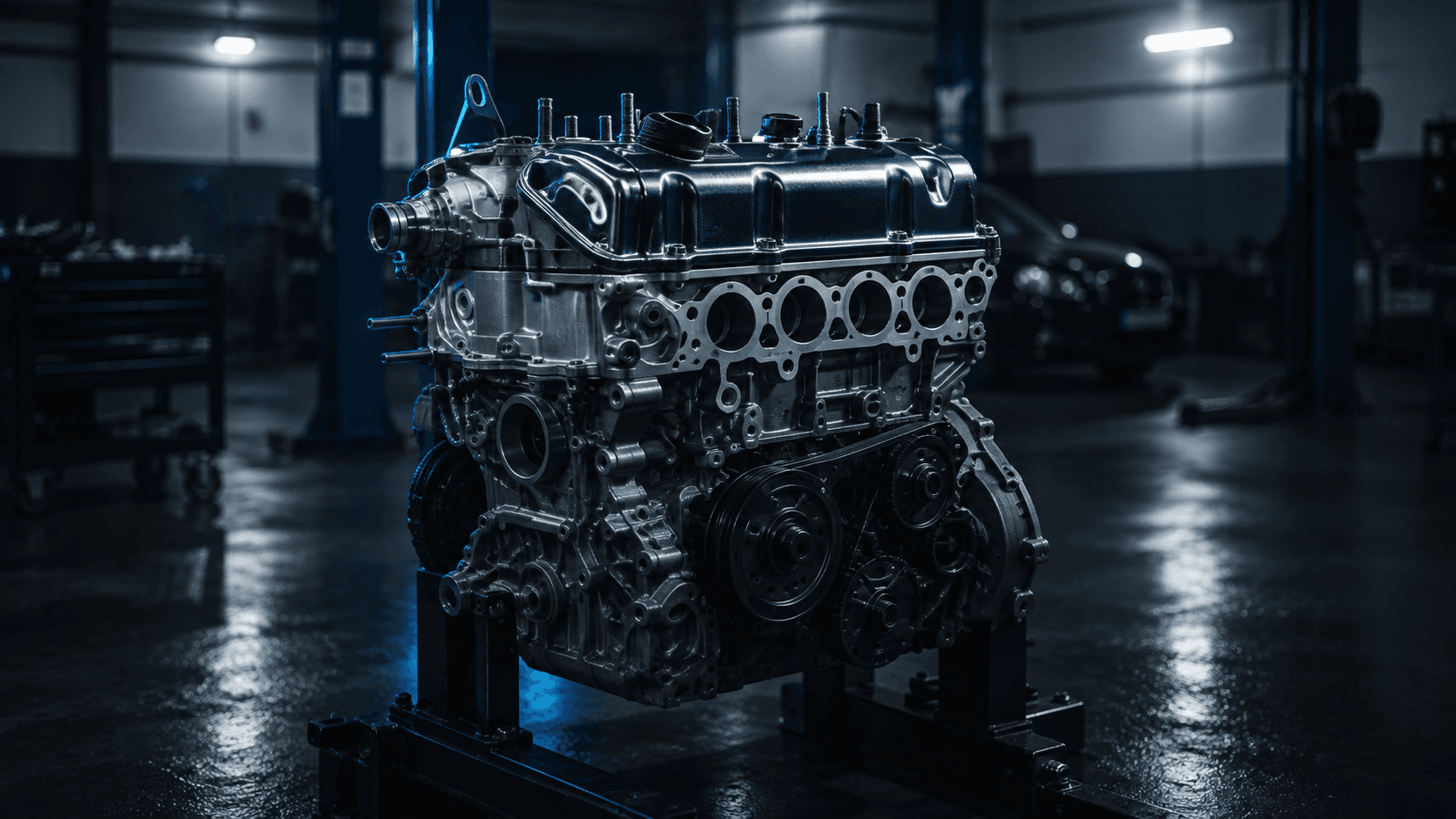 Engine block in a professional automotive repair environment