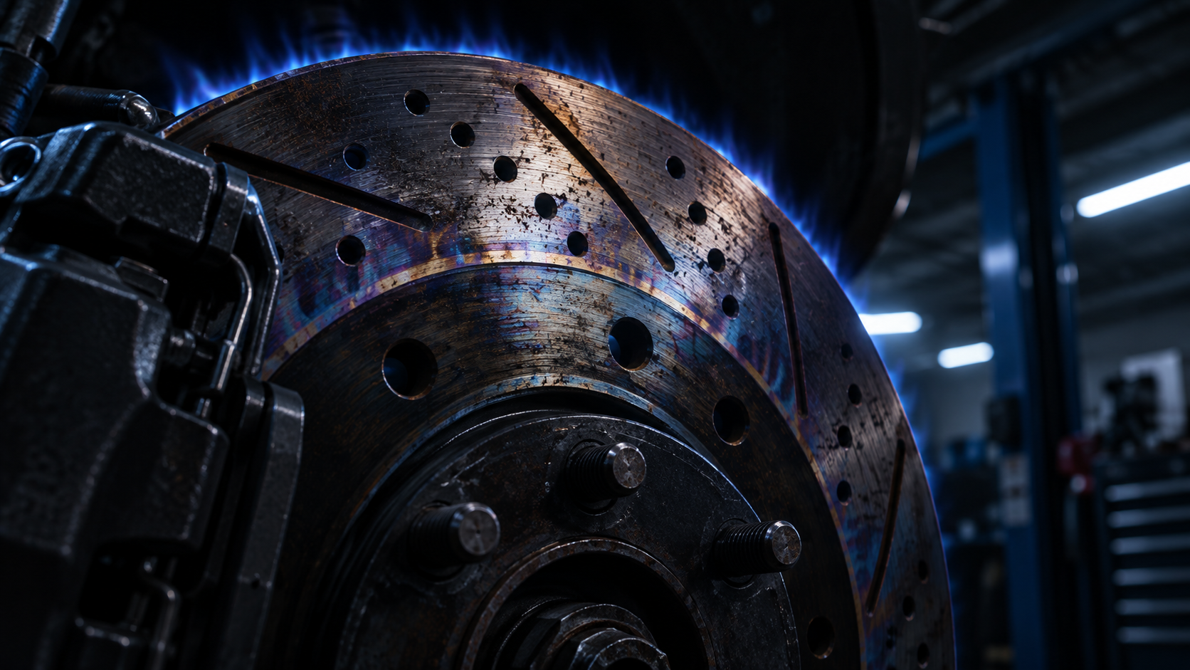 Close-up of a brake rotor inside a modern auto shop