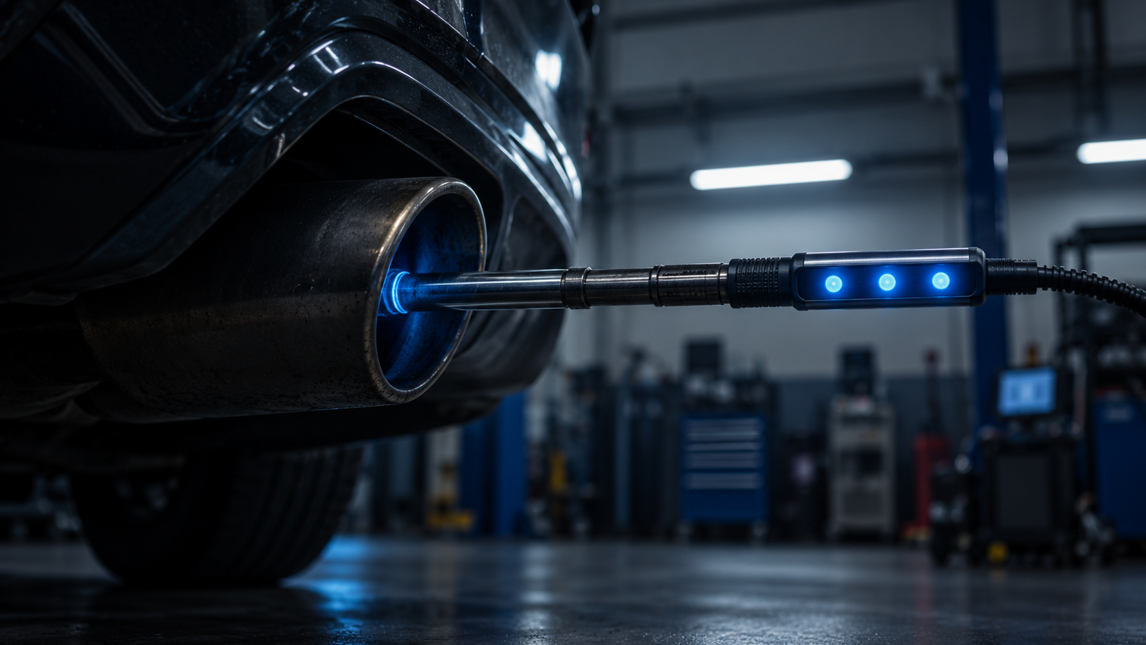 Check engine light and emissions diagnostics in a futuristic auto repair environment