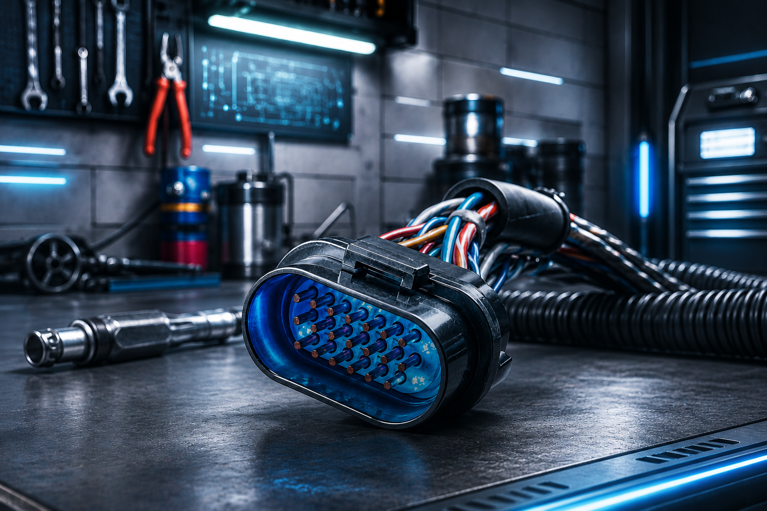 Engine diagnostics tools and wiring inside an auto repair shop