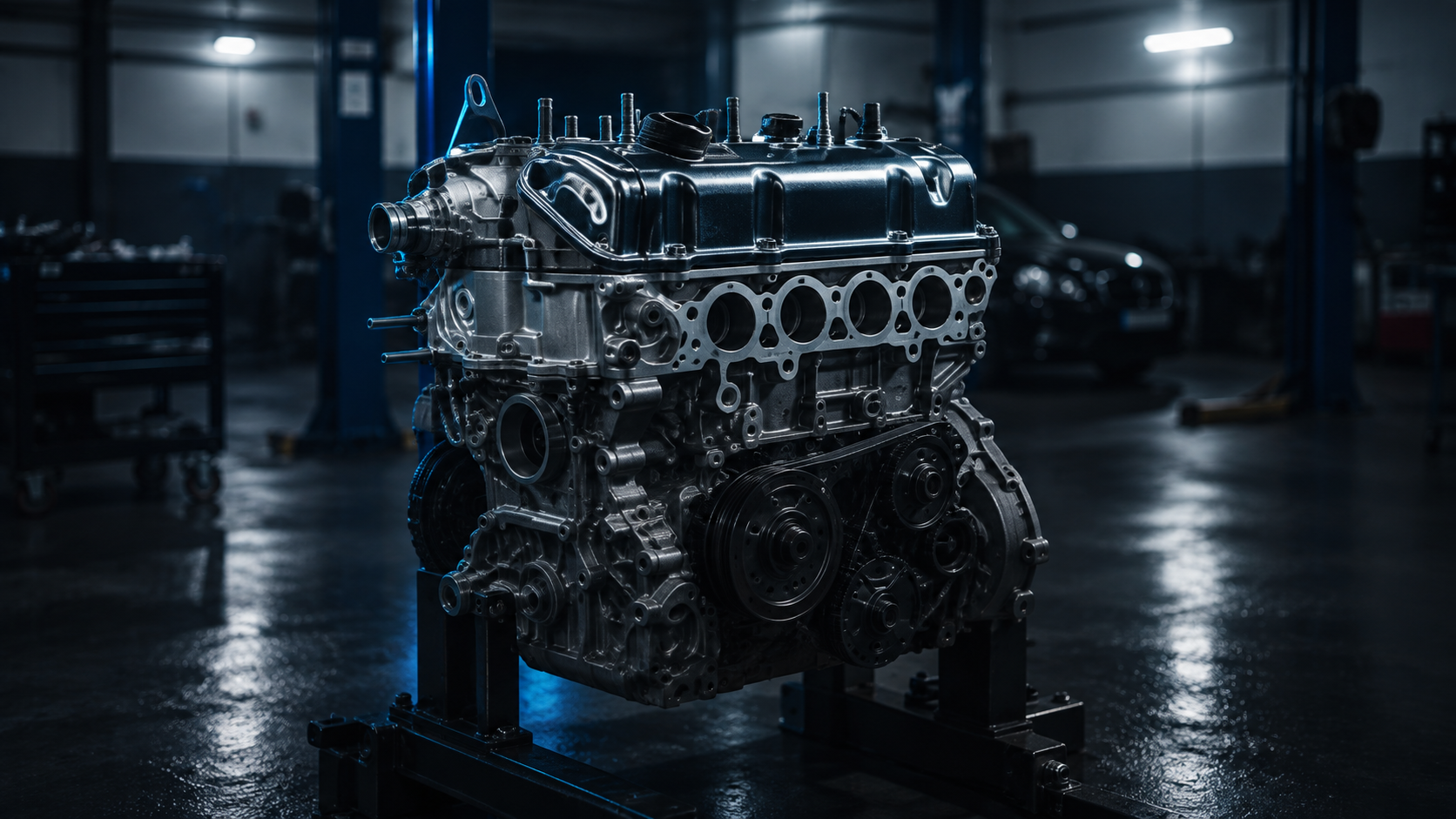Engine block in a professional automotive repair environment