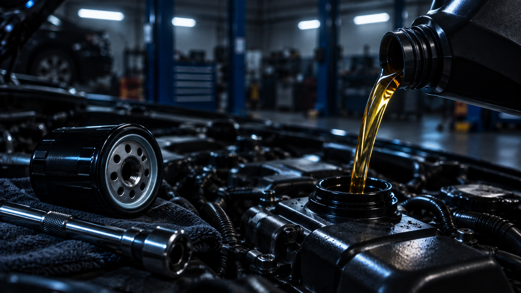 Routine vehicle maintenance with oil service being performed in a professional auto shop